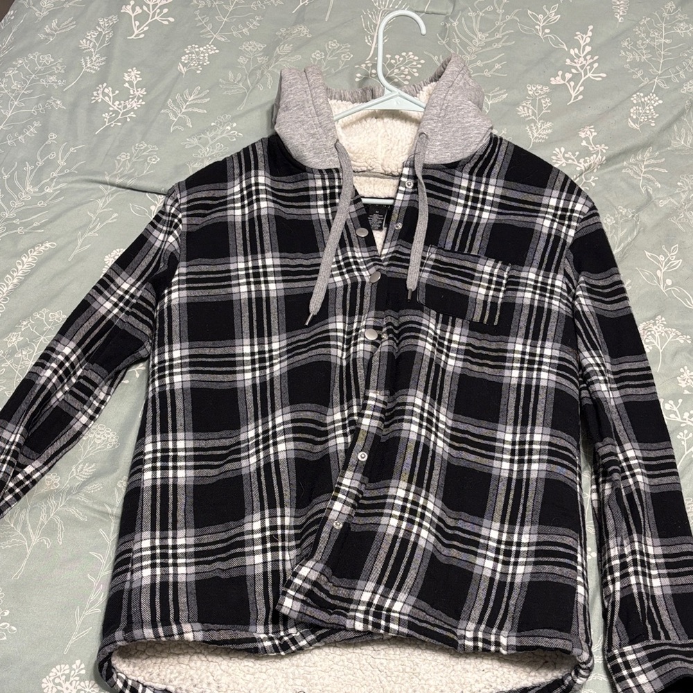 Justify Black and White Plaid Button Down Shirt with Hood
